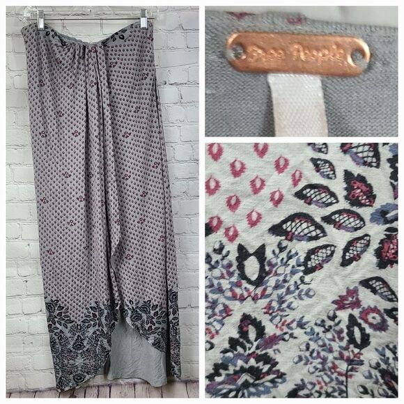 Free People Gray Print Hi-Low Midi Wrap Split Skirt Soft Knit Floral Border Maxi - Picture 11 of 11